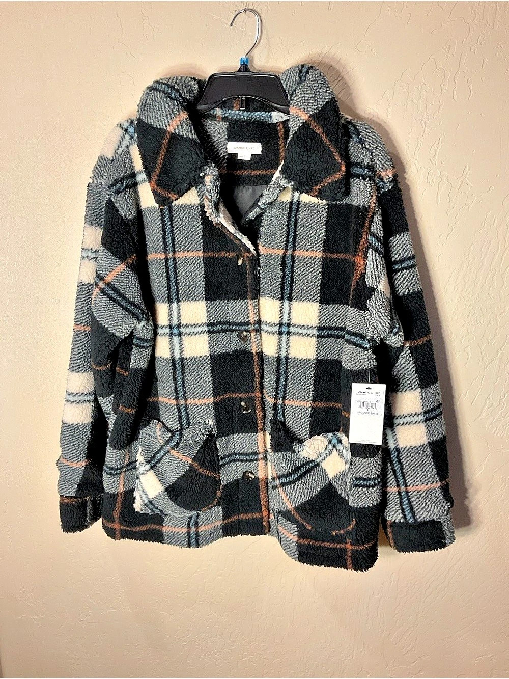 O'Neill Huxlee Printed Jacket Plaid Teddy Jacket Black & Gray large
